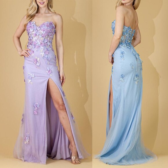 Lilac Floral Strapless Sweetheart Neck Corset Prom Formal Evening Dress 0 - Picture 4 of 5